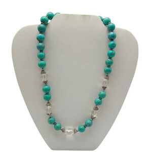 Thailand 925 Sterling Silver Faux Turquoise Ball Beaded White Crystal Necklace